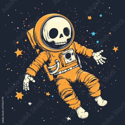 Cartoon skeleton in orange astronaut suit floating in space with stars around. , vector style simple color