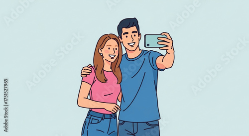 A young couple taking a selfie, capturing a moment of joy and connection against a soft blue background, radiating happiness and togetherness