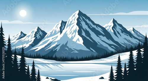 A serene winter landscape showcases snowcapped mountains, a frozen lake, and towering pine trees under a bright sun, creating a peaceful and scenic view