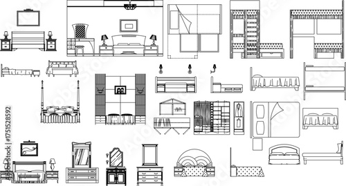 A comprehensive set of black and white line art illustrations of bedroom furniture and layouts, including various beds, storage, and decor.