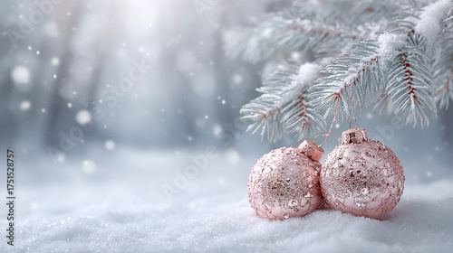 Frosted pine branch with soft pink Christmas baubles resting on fresh snow in bright winter light for holiday background and seasonal advertising