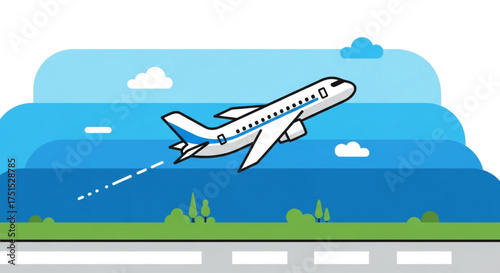 Illustration of an airplane taking off against a blue sky, symbolizing air travel, transportation, and the excitement of flying