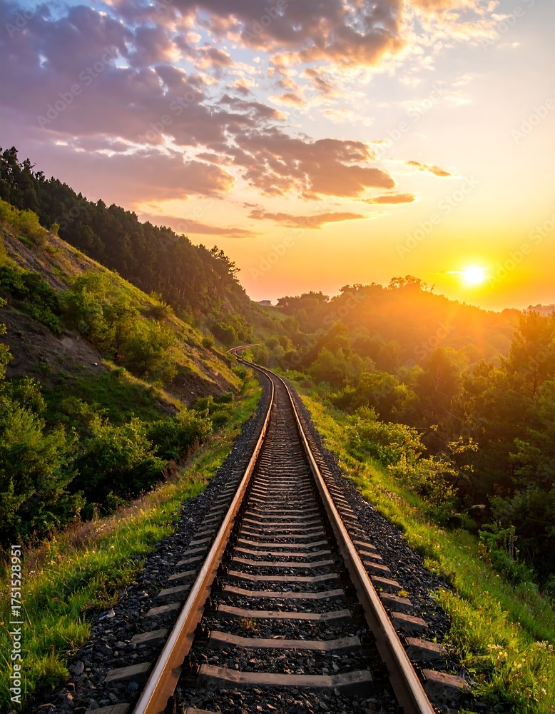 Fototapeta premium Railway tracks through vibrant green hills at sunset