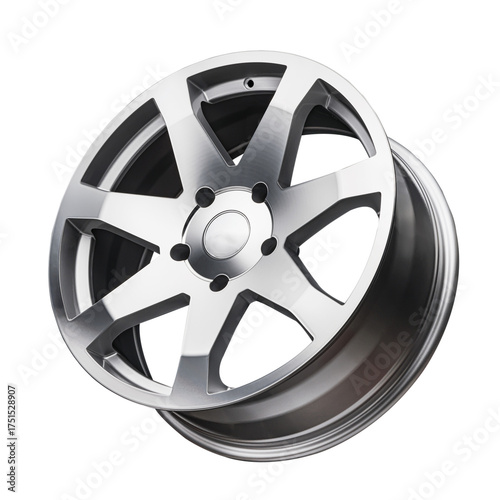 This modern alloy wheel showcases a sleek design with a stunning silver finish, perfect for enhancing vehicle aesthetics. The isolated view highlights its modern features.