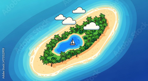 A beautiful tropical island with a sandy beach, lush green trees, and a small lake with a sailboat, surrounded by clear blue water and fluffy white clouds