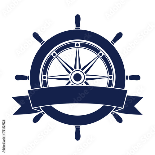Nautical Ship Wheel Logo with Ribbon Banner – Classic Symbol for Maritime, Leadership, or Emblem Branding