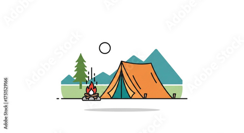Camping scene with orange tent, campfire, tree, mountain, and sun simple and clean illustration of outdoor adventure