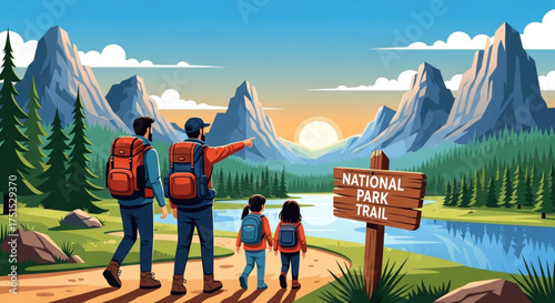 A family embarks on a scenic hike through a national park trail, surrounded by majestic mountains, lush forests, and a tranquil river at sunset