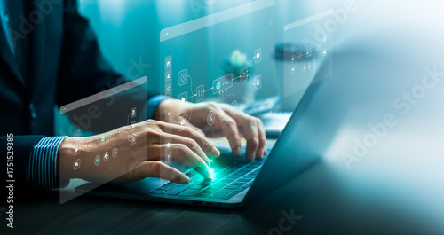 Cuadro en lienzo AI agent data tools and workflow automation concept with businessman typing on l