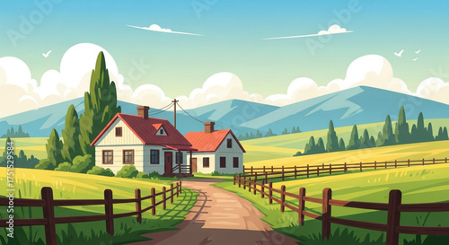 Idyllic countryside landscape with a charming farmhouse nestled amidst rolling hills, lush meadows, and a clear blue sky, creating a serene and peaceful scene