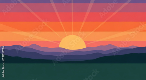 A vibrant sunset over a mountain range, with the sun setting behind the peaks, casting a warm glow over the landscape and creating a peaceful atmosphere
