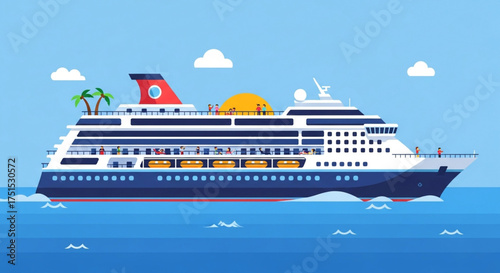 Cruise ship sailing on the ocean with a blue sky and clouds, featuring palm trees and passengers on deck, perfect for a summer vacation