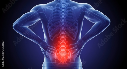 3D Digital Render of Male Figure with Skeleton Showing Lower Back Pain Highlighted in Red on Lumbar Spine