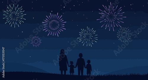 A heartwarming flat design vector illustration depicting a family of four, represented by simple shapes, silhouetted against a night sky illuminated by colorful, geometric fireworks. 