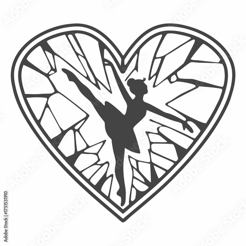 Elegant ballerina dancing gracefully inside a cracked heart shape design