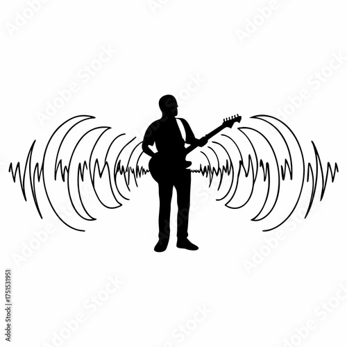 Silhouette guitarist making music with sound wave background design