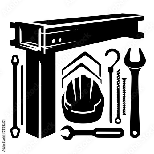 Construction tools and safety helmet silhouette vector graphic