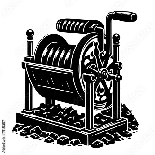 Vintage industrial winch mechanism with crank handle and coil of rope