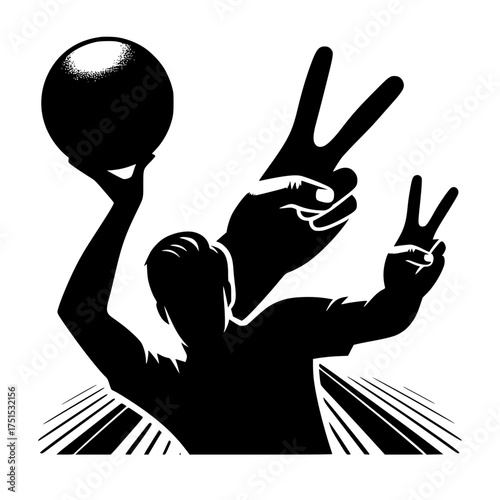 Silhouette of a person holding a ball and making peace signs
