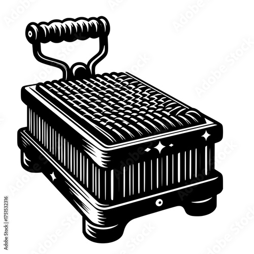 Vintage black and white illustration of a waffle maker