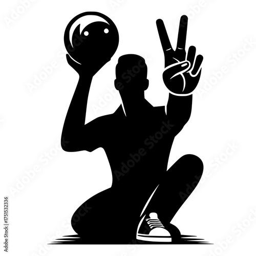Silhouette of a bowler holding a ball and showing a peace sign