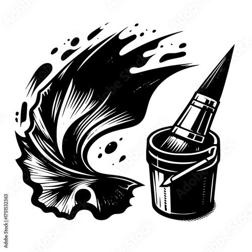 Black ink splash and paintbrush in bucket illustration
