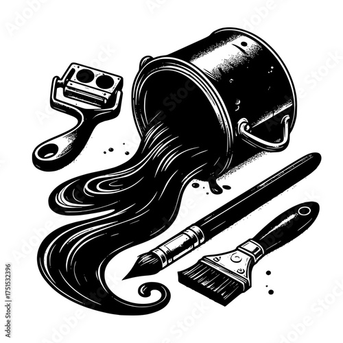 Black paint spilling from a can with art brushes and roller