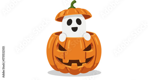 A cartoon ghost peeks out of a carved pumpkin for Halloween.
