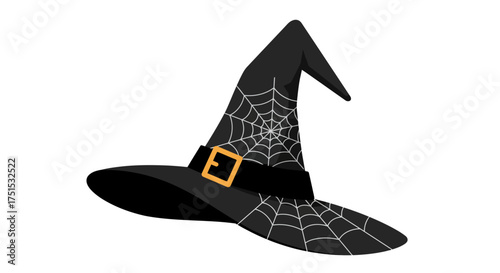A black witch hat with a spiderweb design and a gold buckle.
