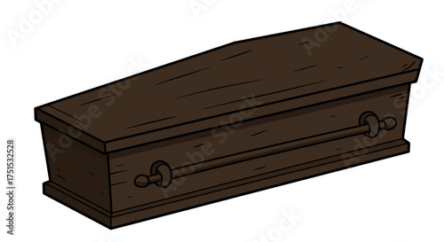 Illustration of a dark brown wooden coffin with metal handles.