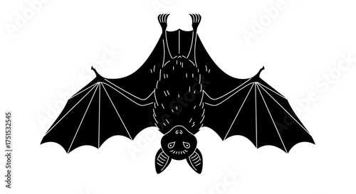 Black and white illustration of a bat hanging upside down with wings spread.