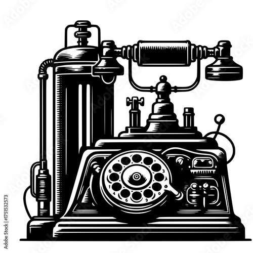 Vintage rotary dial telephone with large generator illustration