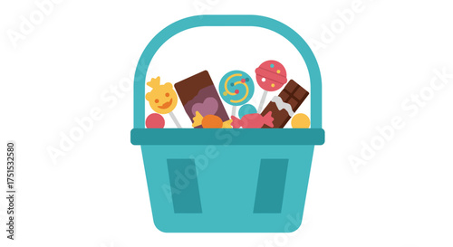 A basket filled with various candies, lollipops, and chocolate bars.