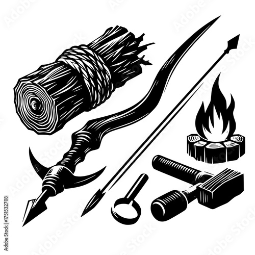 Vintage illustration of primitive survival tools and campfire