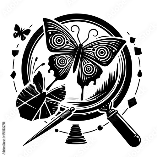 Intricate black and white illustration of butterflies and magnifying glass