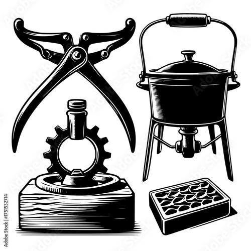 Vintage industrial tools and equipment illustration set
