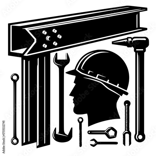 Construction worker silhouette with steel beam and tools