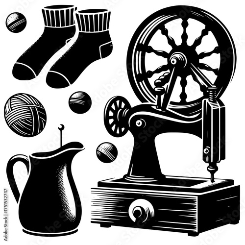 Vintage sewing machine and knitting supplies illustration