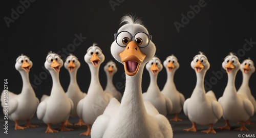 A group of cheerful cartoon geese with one wearing glasses smiles widely in a studio setting