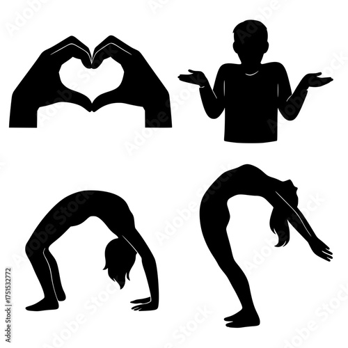 Silhouette of yoga poses and hand gestures for wellness