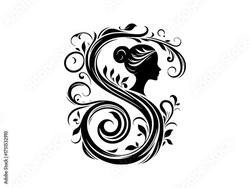 Elegant black silhouette of woman's profile emerging from ornate floral swirls