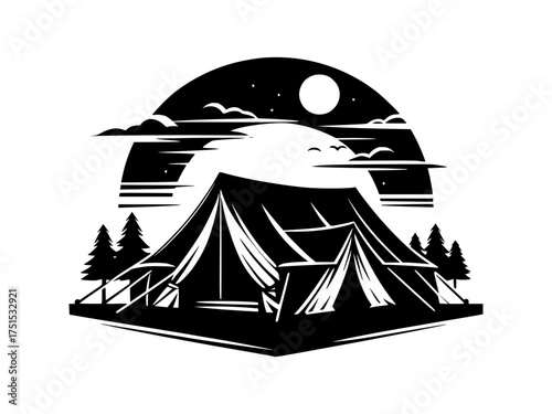 Camping scene under moonlight with tents pine trees and cloudy sky silhouette