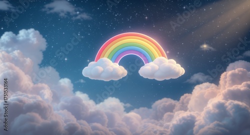 A radiant rainbow arching over fluffy clouds against a starry twilight sky, symbolizing hope and dreams