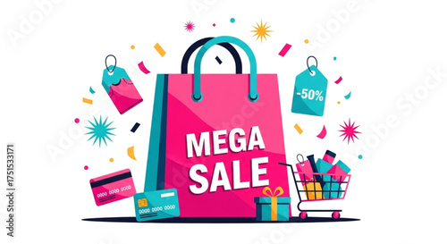 Mega sale with shopping bag, gift box, and confetti discount and promotion concept for holiday season sales