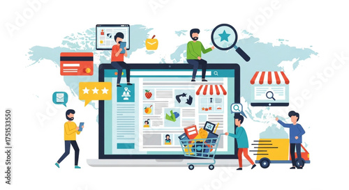 Online shopping concept with people and laptop, ecommerce, online store, shopping cart, delivery, payment, and customer service