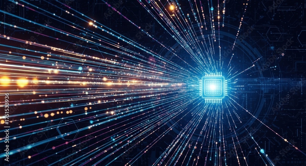 Naklejka premium Futuristic Digital Technology Concept with Light Rays and Microchip on Dark Background