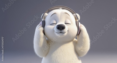 Adorable cartoon bear with headphones enjoying music