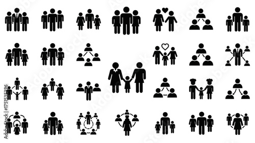 Comprehensive collection of human connection icons illustrating family groups, social networks, and community structures in vector format