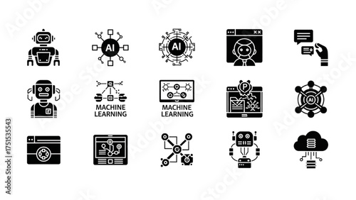 Black AI and Machine Learning Icon Set for Technology Concepts
