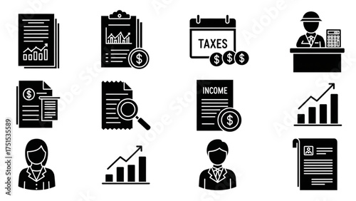 A comprehensive glyph icon set for financial management, business reporting, and taxation